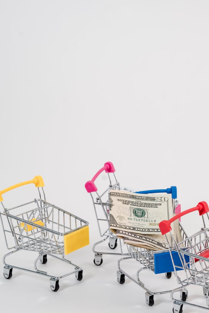 Colorful miniature shopping carts with US dollar bills, symbolizing finance and commerce.